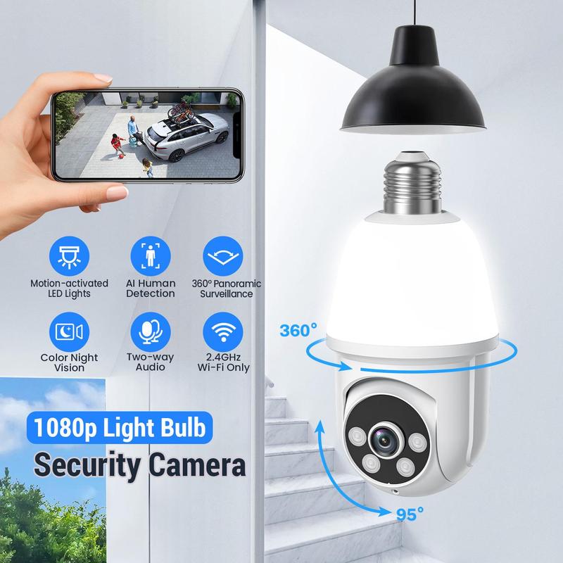 1080P Light Bulb Wireless Security Camera, Bulb CCTV, Outdoor CCTV, Smart Camera, Smart Motion-Detection Cloud Storage Camera with Two-Way Audio & Night-Vision, 360-degree Rotatable Security Camera for Home Outdoor & Indoor Surveillance