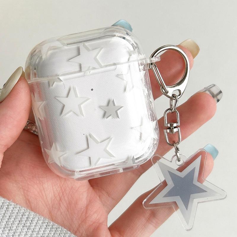 Minimalist Star Pattern Clear Earphone Case with Star Decor Keychain, Decorative Earphone Protector Cover, Fashion Earphone Case for Airpods 1 2 3 Pro Pro 2