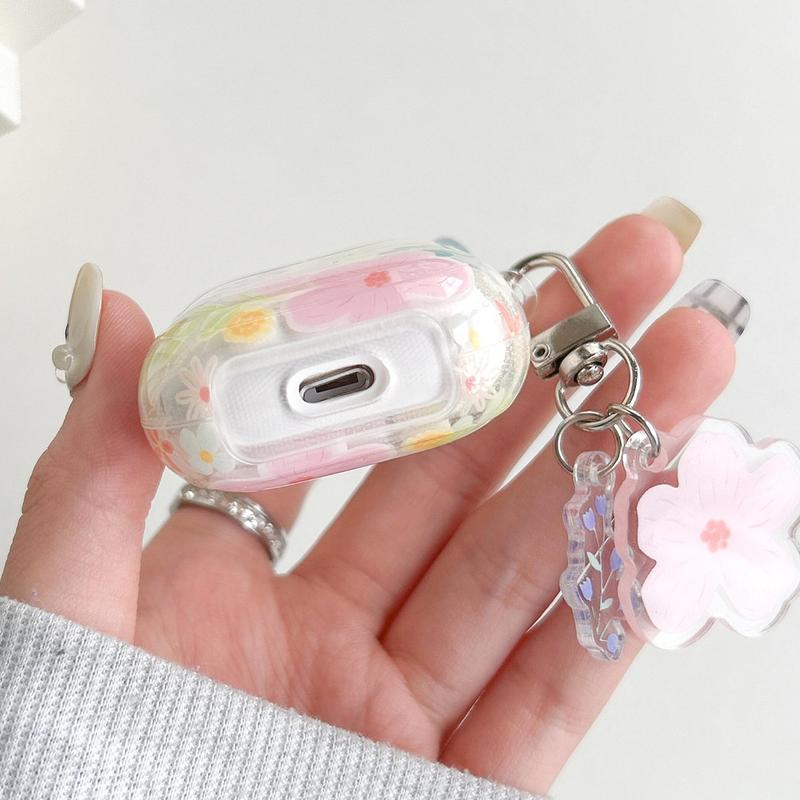 Flower Pattern Earphone Case with Floral Decor Keychain, Decorative Earphone Protector Cover Compatible with Airpods, TPU Clear Earphone Protective Case for Airpods 2 3 Pro 2