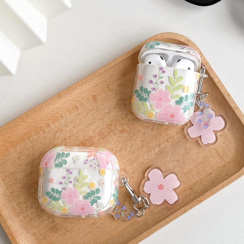 Flower Pattern Earphone Case with Floral Decor Keychain, Decorative Earphone Protector Cover Compatible with Airpods, TPU Clear Earphone Protective Case for Airpods 2 3 Pro 2