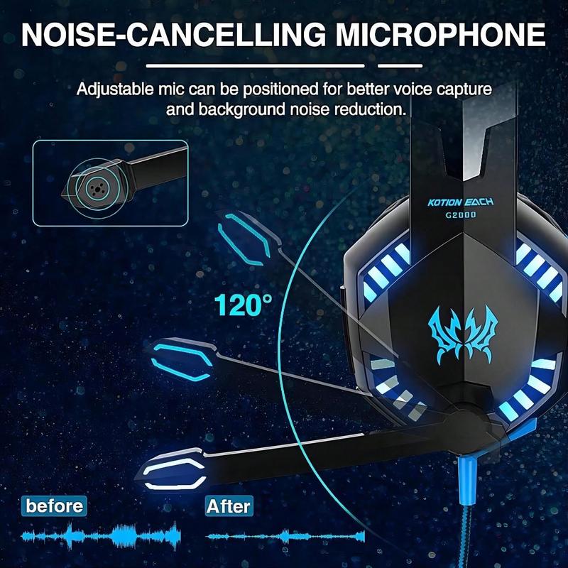 G2000 Blue Gaming Headset, Surround Stereo Gaming Headphones With Noise Cancelling Mic, LED Lights & Soft Memory Earmuffs For PS5, PS4, PC Computer Games