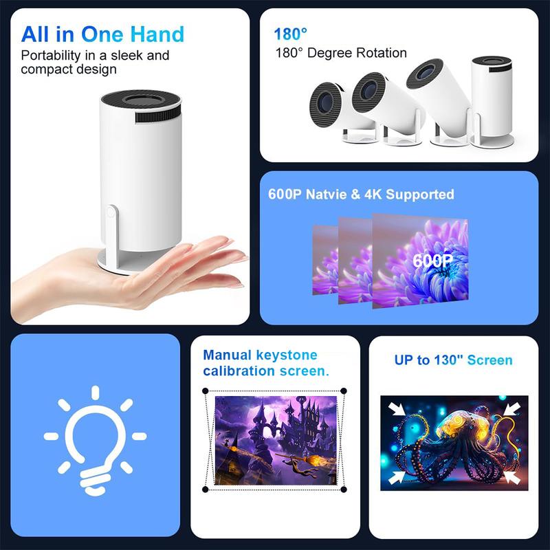 Mini portable projector, supporting Wi-Fi 5 and Bluetooth 5. It can perform screen adjustment and 180-degree rotation. It is a home video projector with an Android operating system built in. built-in audio home use Watch