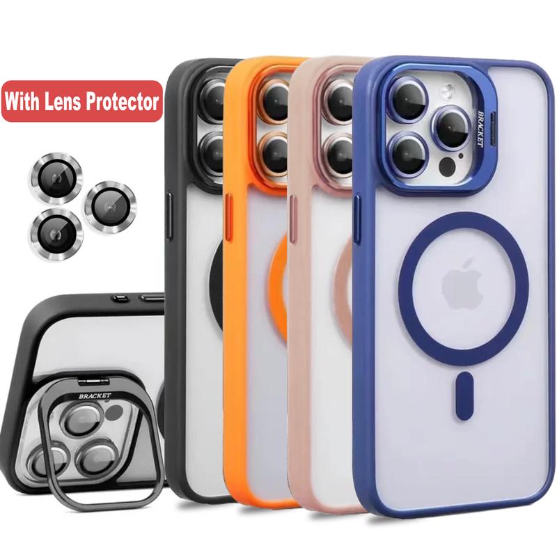 For iPhone 16 15 14 Plus 13 Pro Max Camera Kickstand Compatible With MagSafe Case Cover+ Camera Lens Protector Accessories Crystal Acrylic Protection iphone case