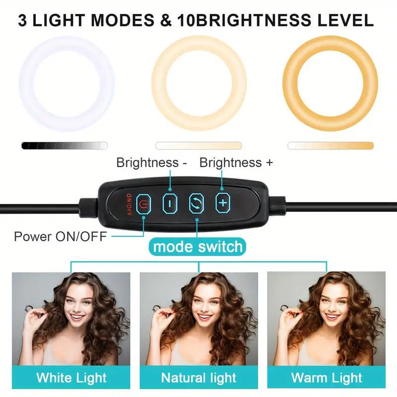 10inch  25.4cm Selfie Ring Light with Tripod Stand, 130cm Tall & Phone Holder, 3 Color Modes, Stepless Dimmable  Speed LED Ring Light for Android