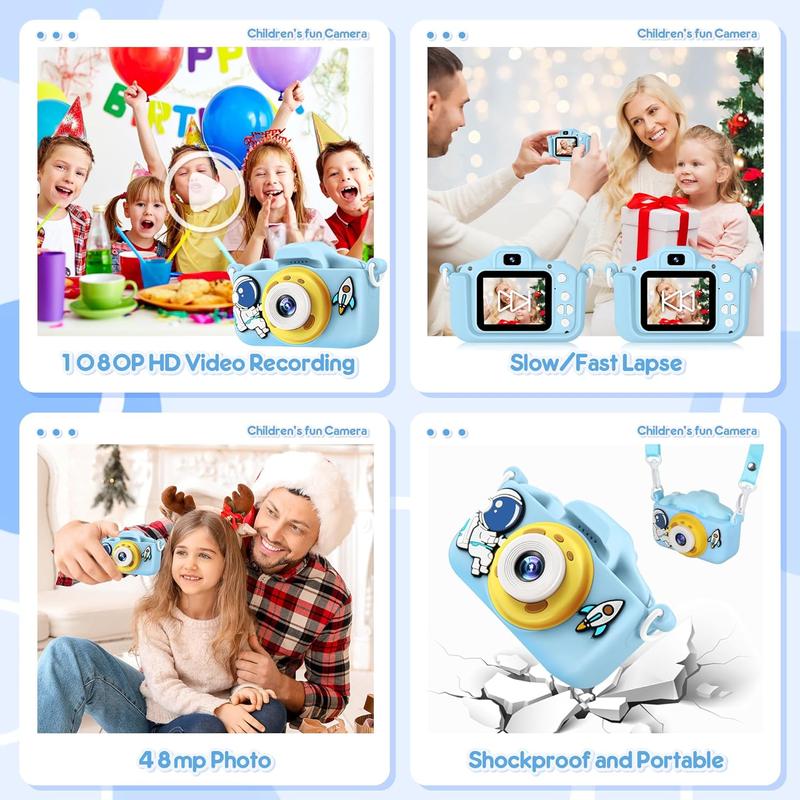 Kids Camera 48MP and 1080P HD Digital Selfie Video Camera for Kids Age 3-12 Year Old Boys and Girls, IPS Screen with 32GB SD Card Digital Camera for Birthday (Astronaut Blue)