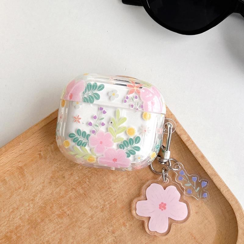 Flower Pattern Earphone Case with Floral Decor Keychain, Decorative Earphone Protector Cover Compatible with Airpods, TPU Clear Earphone Protective Case for Airpods 2 3 Pro 2