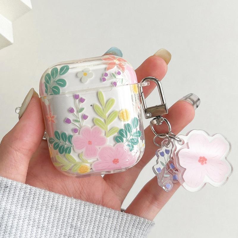 Flower Pattern Earphone Case with Floral Decor Keychain, Decorative Earphone Protector Cover Compatible with Airpods, TPU Clear Earphone Protective Case for Airpods 2 3 Pro 2