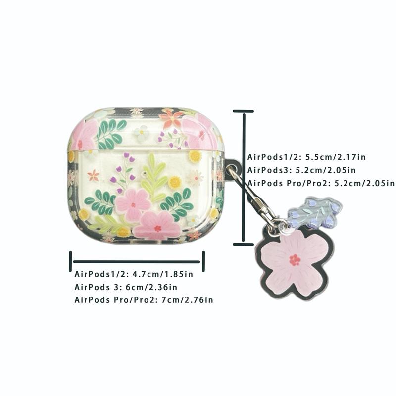 Flower Pattern Earphone Case with Floral Decor Keychain, Decorative Earphone Protector Cover Compatible with Airpods, TPU Clear Earphone Protective Case for Airpods 2 3 Pro 2