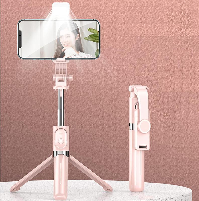 Selfie Stick & Phone Tripod, Portable Selfie Fill Light,Portable All-in-One Professional Travel Tripod with Remote, Compatible with Android iPhone (Pink)