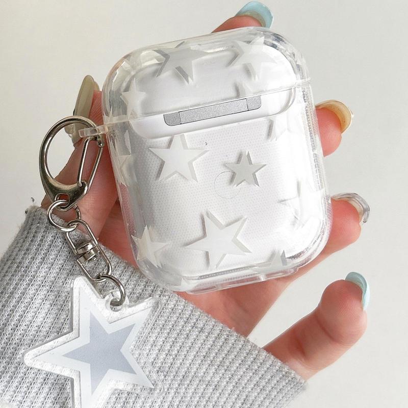 Minimalist Star Pattern Clear Earphone Case with Star Decor Keychain, Decorative Earphone Protector Cover, Fashion Earphone Case for Airpods 1 2 3 Pro Pro 2