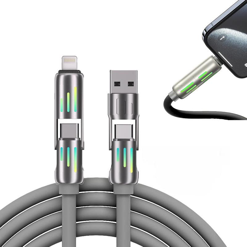 240W 4-in-1 USB-C Cable-PD 5A Fast Charging, Date Sync with USB-A, Type-C and Lightning, Breathing Light, Aluminum Alloy Design, 4FT Silicone Cable, Compatible with iPhone 14 15, iPad Pro, Samsung and Laptops