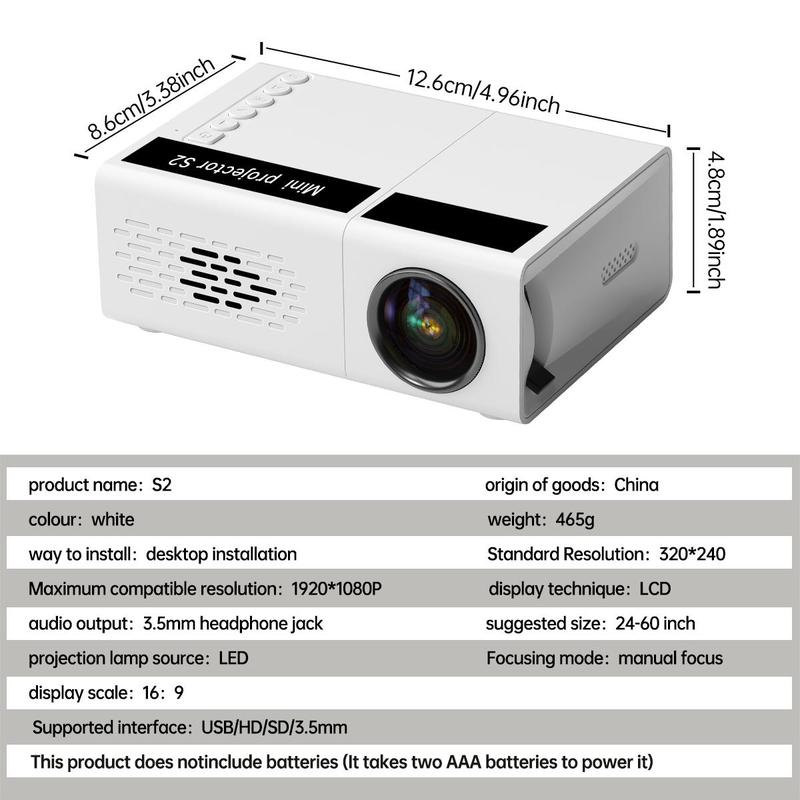 Portable Mini LED Portable Projector, 1 Count 1080P HD LCD Projector, Home Theater TV Projector Compatible with USB HDTV AV, Portable Projector Lamp, Suitable for Outdoor Office Living Room