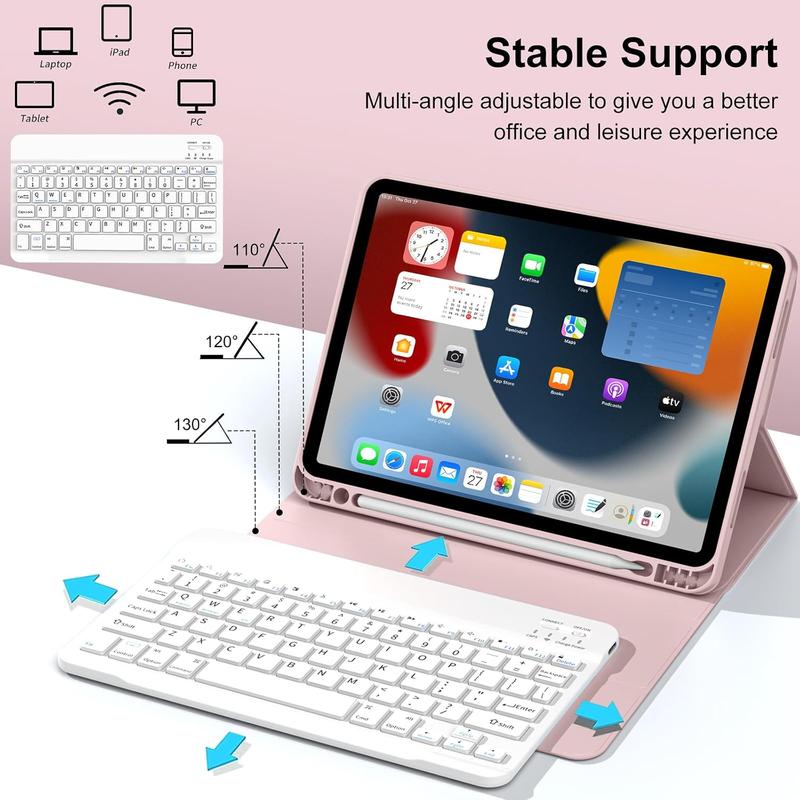 New Keyboard Case for iPad 10th Generation 2022 10.9 Inch, Detachable Wireless Bluetooth Keyboard, Smart Case with Soft TPU Back Shell with Pencil Holder, Auto Sleep Wake, Pink