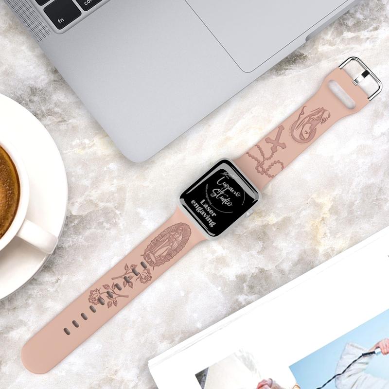 SuperLugano Virgin Mary with Cross Watch Band compatible with iWatch Smartwatch Laser Engraved Band Silicone Ultra 38mm 40mm 41mm 42mm 44mm 45mm 46mm 49mm Strap Virgin De Guadalupe Jesus God Accessories Wearable Personalized