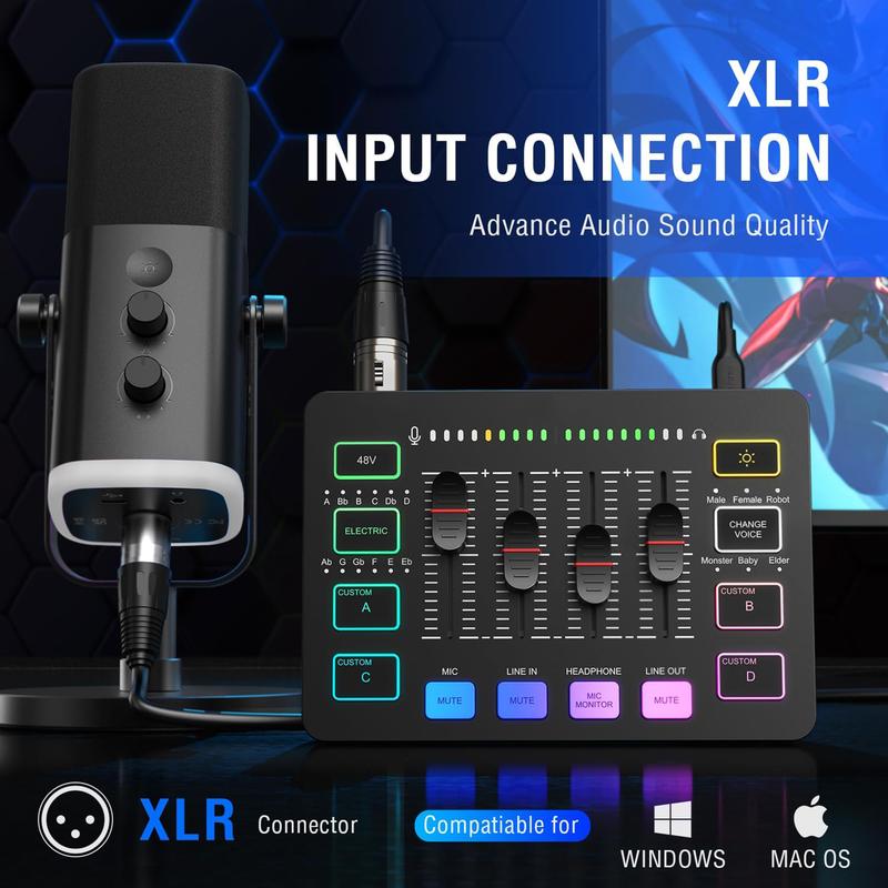 Gaming Audio Mixer, Streaming RGB PC Mixer with XLR Microphone Interface, Individual Control, Volume Fader, Mute Button, 48V Phantom Power, for Podcast Recording Vocal Game Voice-AmpliGame Cable Device