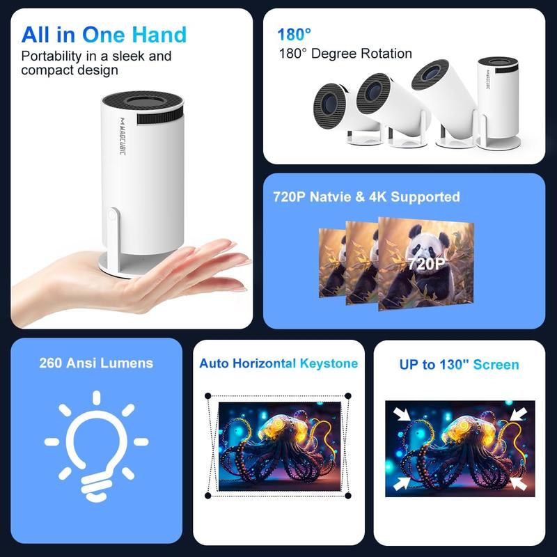 Portable 4K Mini Projector with Bluetooth And Android 11, Portable Projector 4K Full HD Support, Smart Projector 5G WiFi6 BT5.0 Auto Horizontal Correction, 180Rotatable Outdoor Projector for Phone TV Stick Laptop