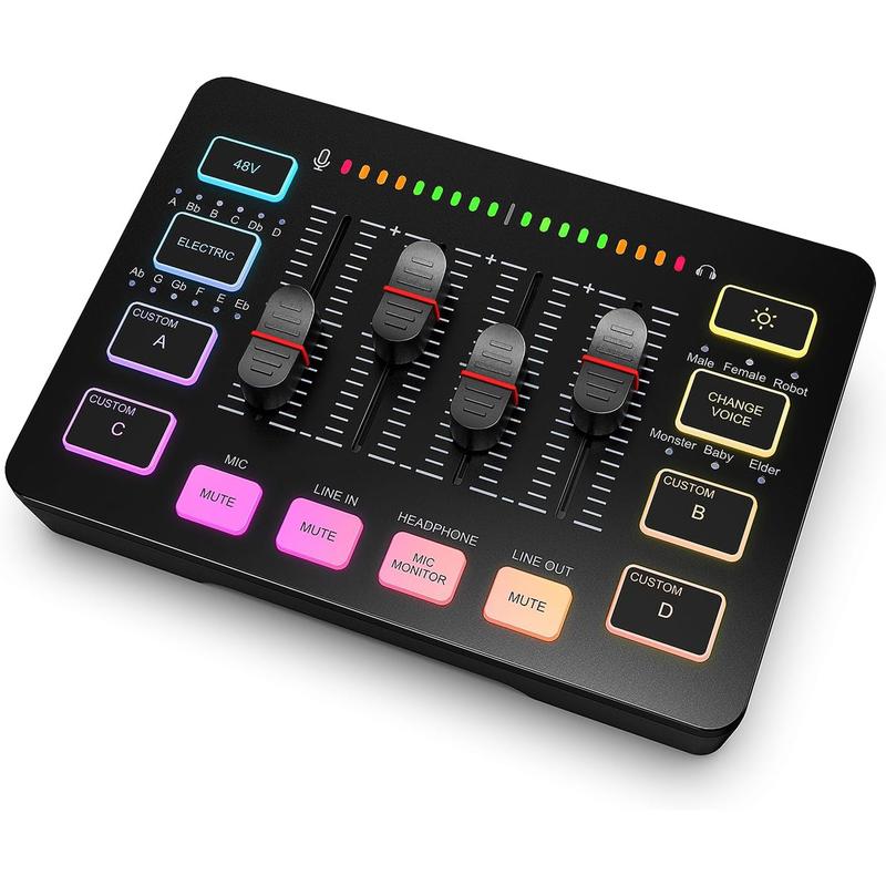 Gaming Audio Mixer, Streaming RGB PC Mixer with XLR Microphone Interface, Individual Control, Volume Fader, Mute Button, 48V Phantom Power, for Podcast Recording Vocal Game Voice-AmpliGame Cable Device