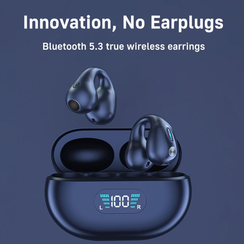 Wireless Open Clip Earbuds, Bluetooth Bone Conduction Earphones, Long Lasting Sweat Resistant Headset with Digital Charging Case & Built-in Stereo Mic wireless clip-on ear clip waterproof