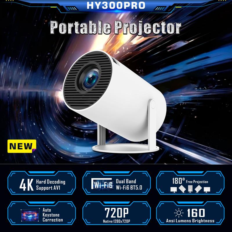 Mini Projector HY300 PRO, Auto Keystone Correction Portable Projector, 4K  200 ANSI Smart Projector with 2.4 5G WiFi, BT 5.0, 130 Inch Screen, 180 Degree Flip, Round Design, Home Video Projector