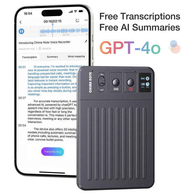 CHIME NOTE Pro AI Voice Recorder with ChatGPT-Powered Summaries, Transcription, MagSafe Charging, and Voice Translation. Supports 107 Languages, Phone Call & Note Recording, One-Press Recording, 64GB Memory & APP Control. Portable Voice Recording Device