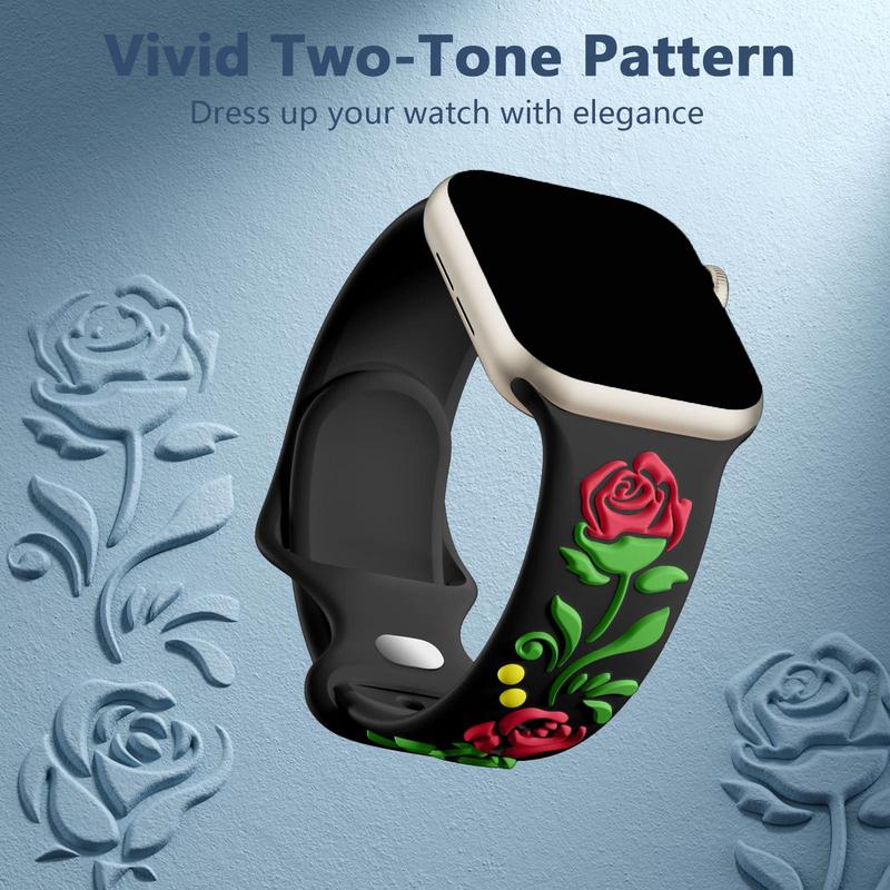 3D Floral Embossed Watch Band for Apple Watch Bands Women 38mm to 49mm, 2 Counts Engraved Cute Flower Soft Silicone Watch Band for iWatch Series 9 8 7 6 5 4 3 2 1 Ultra SE, Wearable Accessories, Smart Watch Band