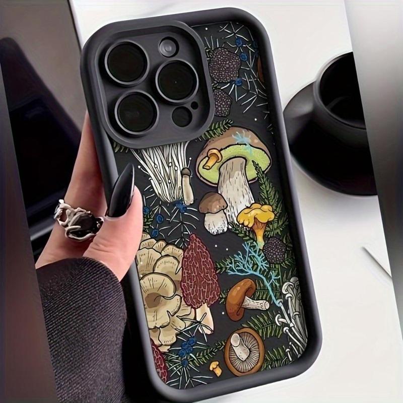 Mushroom Pattern Phone Case with Lens Protector, Anti-drop Cellphone Protective Case, All-inclusive Shockproof Mobile Phone Cover for iPhone 15 Pro Max, Smartphone Case