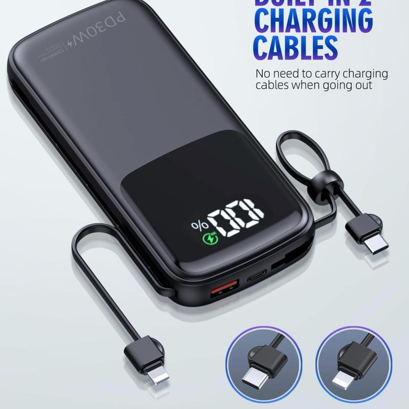 Portable Charger, Power Bank, 15000mAh Battery Pack Fast Charging Lightweight, Built-in AC Wall Plug and 2 Output Cables with LED Display for iPhone15 14 13 12 11 Samsung iPad etc