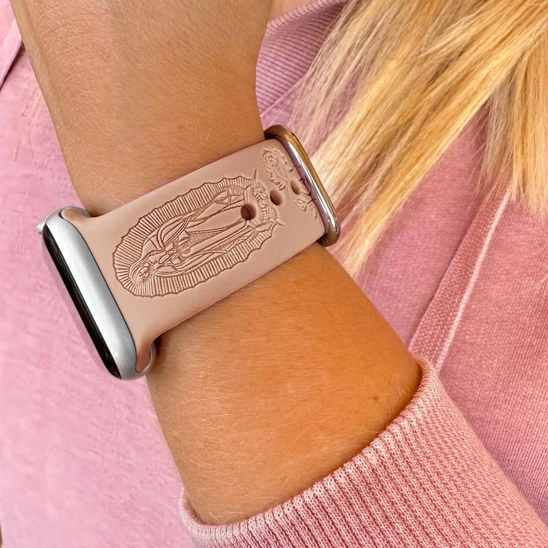 SuperLugano Virgin Mary with Cross Watch Band compatible with iWatch Smartwatch Laser Engraved Band Silicone Ultra 38mm 40mm 41mm 42mm 44mm 45mm 46mm 49mm Strap Virgin De Guadalupe Jesus God Accessories Wearable Personalized