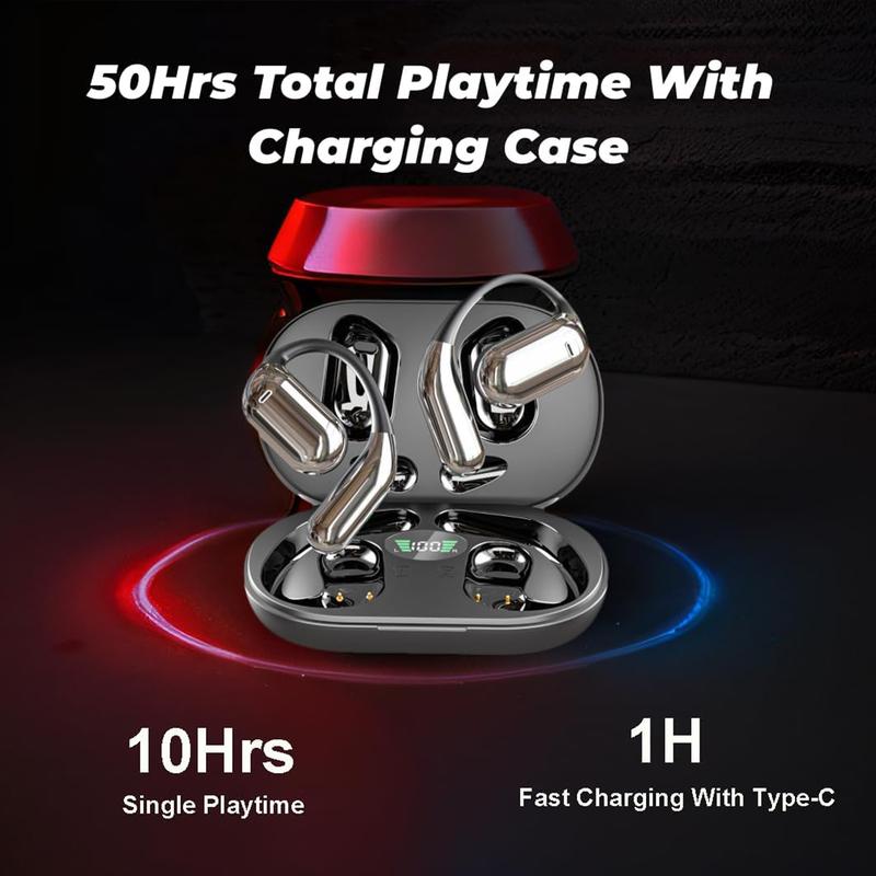 Open Ear Bluetooth 5.4 Headphones, Wireless Earbuds Sport Over Earphones Built-in Mic with Ear Hooks Long Playtime Ear Buds LED Display Charging Case