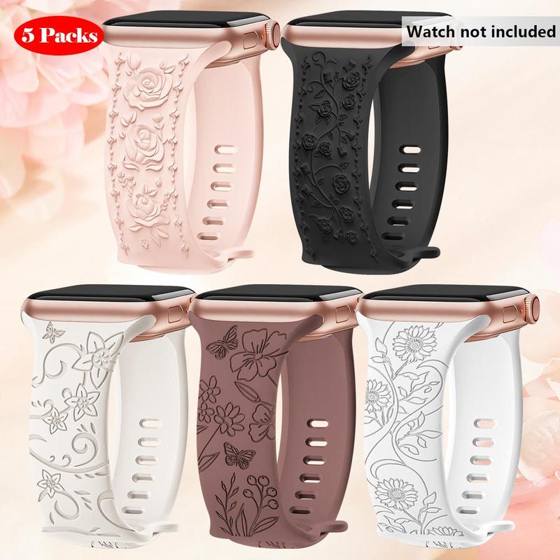 Floral Pattern Watch Band, 5 Counts set Silicone Sport Watch Band, Soft & Breathable Watch Band for iWatch Band 38mm 40mm 41mm 42mm 44mm 45mm 49mm