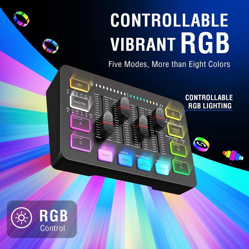 Gaming Audio Mixer, Streaming RGB PC Mixer with XLR Microphone Interface, Individual Control, Volume Fader, Mute Button, 48V Phantom Power, for Podcast Recording Vocal Game Voice-AmpliGame Cable Device