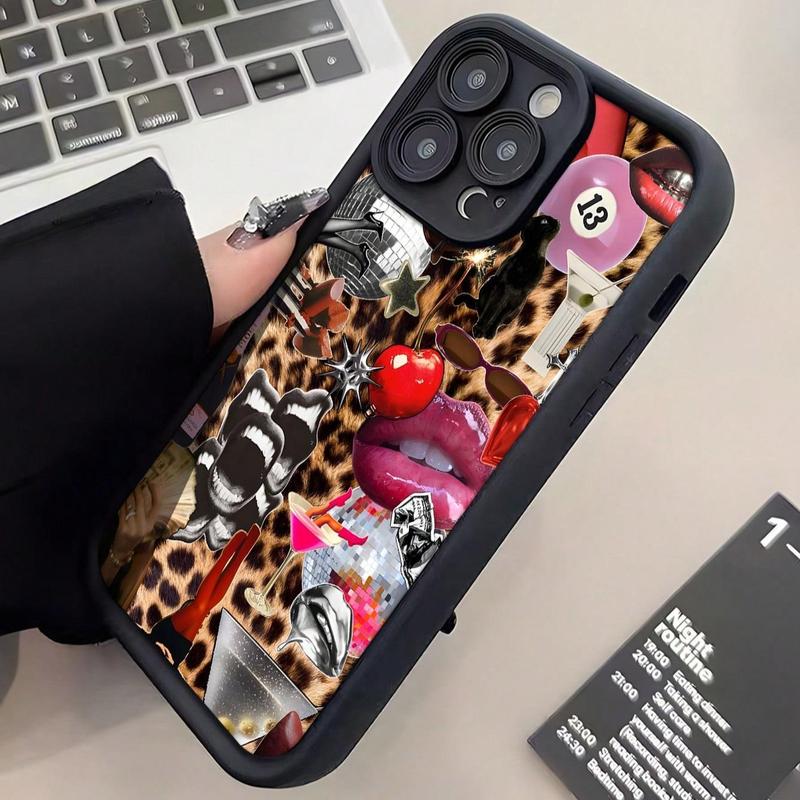 Lip & Leopard-print Phone Case, Shockproof Anti-slip Soft TPU Phone Protective Cover, Phone Accessories for iPhone 11 12 13 14 15 Pro Max 15 Plus, Smartphone Accessories