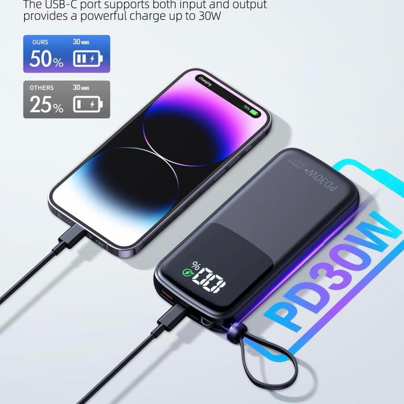 Portable Charger, Power Bank, 15000mAh Battery Pack Fast Charging Lightweight, Built-in AC Wall Plug and 2 Output Cables with LED Display for iPhone15 14 13 12 11 Samsung iPad etc