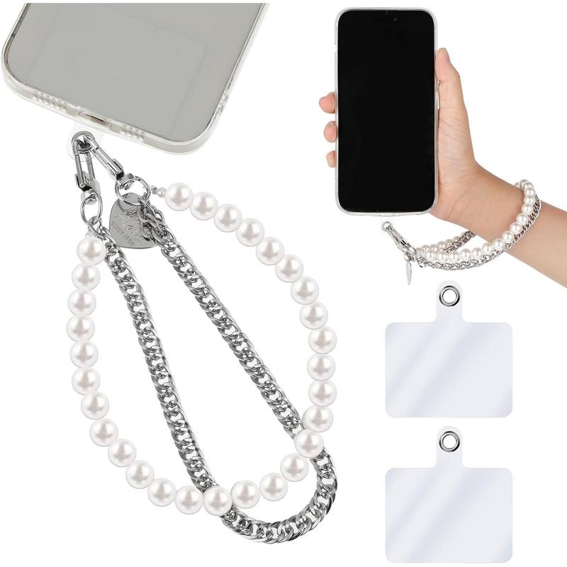 Pearl Beaded Phone Wrist Strap, Anti Lost Stainless Steel Phone Chain Lanyards Double Chains Hand Wrist Straps with 2pcs Tether Tabs for Women Men Mobile Phone Wallet Keychain Camera Earphone