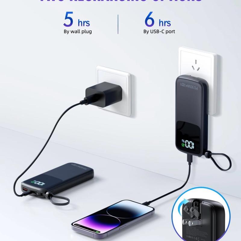 Portable Charger, Power Bank, 15000mAh Battery Pack Fast Charging Lightweight, Built-in AC Wall Plug and 2 Output Cables with LED Display for iPhone15 14 13 12 11 Samsung iPad etc