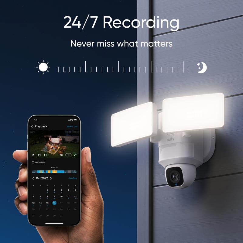 eufy Floodlight Camera E30, Security Camera Outdoor, 360° Pan and Tilt, AI Detection and Tracking, 2K Video, 2.4GHz Wi-Fi, 2,000 Lumens, Custom Voice and Light Alerts, 24 7 Recording, No Monthly Fee