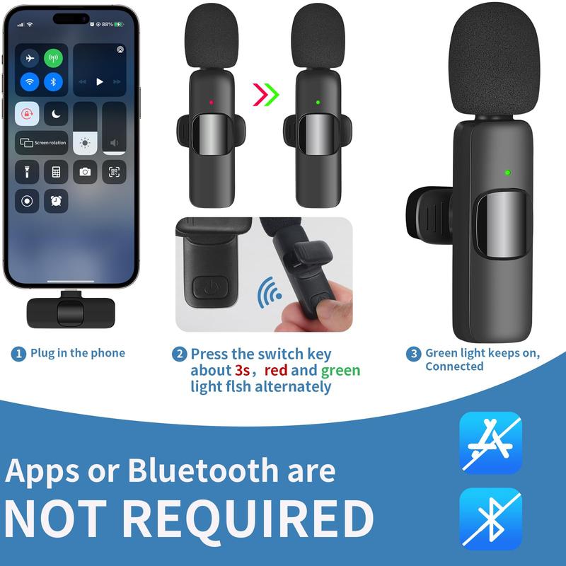 2 pieces Wireless Lavalier Microphones for iPhone, Android, iPad - Mini Wireless Clip-on Microphones Crystal Clear Sound Quality for Recording, Live Streaming,Vlog, christmas gift ideas Black Friday Deals tiktok shop store