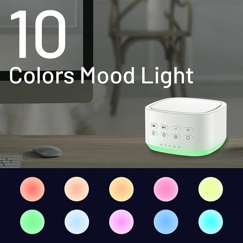 White Noise Machine 10 Colors Lights and 25 Soothing Sounds Sleep Sound Machine with 5 Timers with Memory Feature Portable Sound Machine for  Adults. (White)