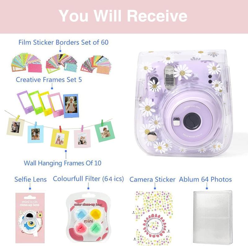 Kit for Fujifilm Instax Mini 11 Instant Camera Film Case Accessories(Case Photo Film Album Selfie Mirror Photo Frames Photo Stickers & Others) (Transparent Daisy)(No Camera)