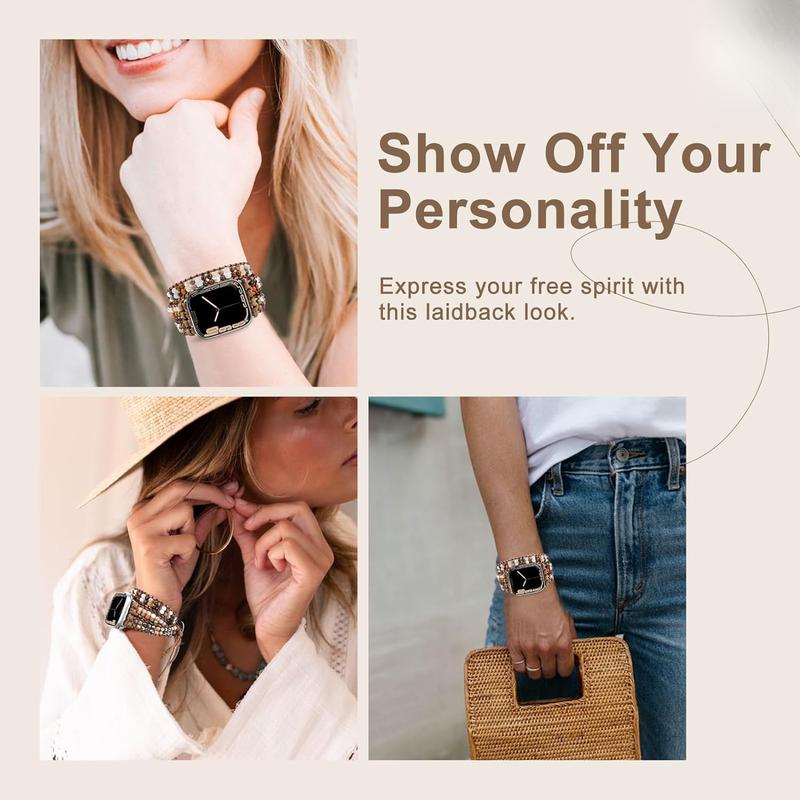 Boho Beaded Watch Bands for Women Compatible with Apple Watch Band 38mm 40mm 41mm Brown Stone Bracelets Adjustable Handmade Braided Rope Watch Strap for iWatch Series 9 8 7 6 5 4 3 2 1 SE Ultra