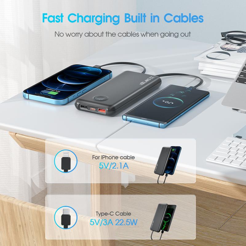 Portable-Charger Power-Bank Cell Battery Fast-Charging - 12,000mAh with Built-in Cables&Cords, 22.5W QC & 20W PD, USB Type C, TSA Approved - External Battery for iPhone, Android, Samsung