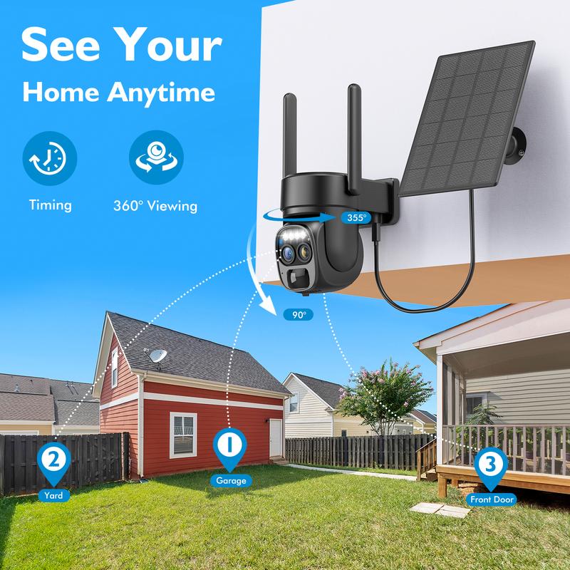 Solar Security Wireless Outdoor Camera, 10x Zoom, 360° Low Power CCTV Solar Panel, 2K Resolution WiFi, Battery Powered Camera with Spotlight Siren, Color Night Vision, Two-Way Audio and IP66 Waterproof Motion Detection