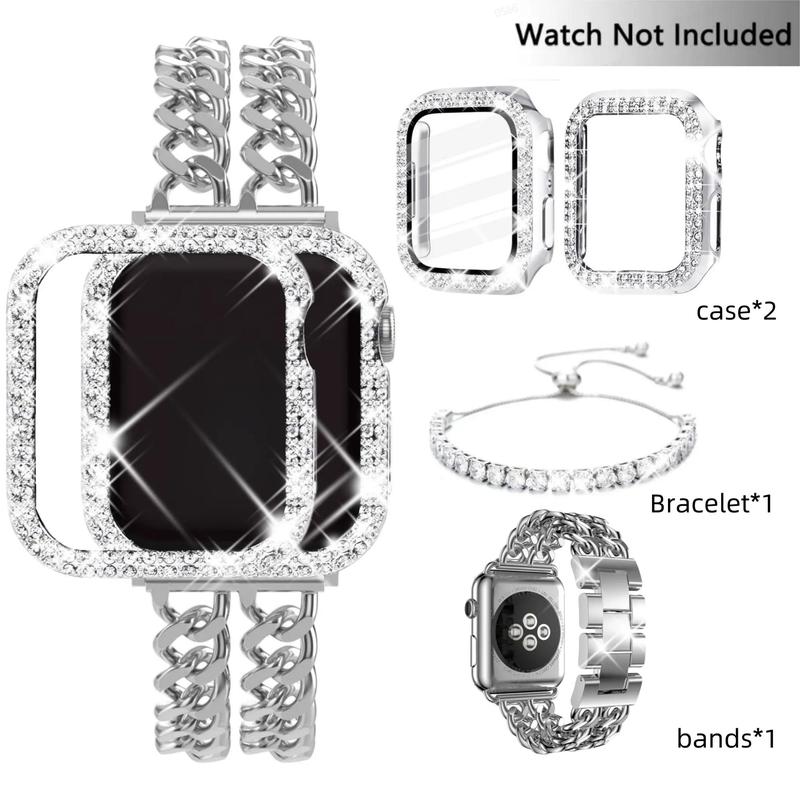 Rhinestone Decor Watch Band & Bracelet & 2 Case Set, Stainless Steel Replacement Watch Band, Fashion Wearable Accessories Compatible with Apple Watch Series 4 5 6 se se2