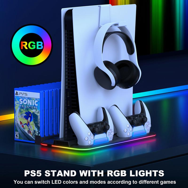 PS5 Slim Stand and Turbo Cooling Station with Controller Charging Station for Playsation 5, PS5 Accessories Kits Incl. 3 Levels Cooling Fan, RGB LED, 15 Game Slot, Headset Holder for PS5 Digital Disc