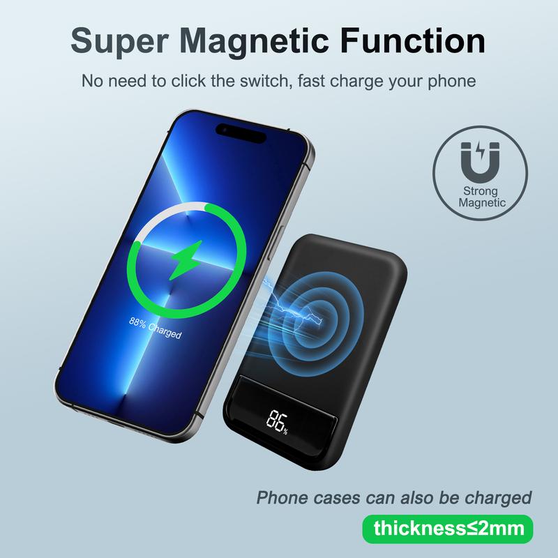 10000mAh Magnetic Power Bank,Portable Charger 20W PD Fast Charging with Digital Display, Type-C & USB-A Output, Battery Pack Compatible with iPhone iPhone 15 15 Plus 15 Pro 15 Pro Max, iPhone 14 13 12 Series and more