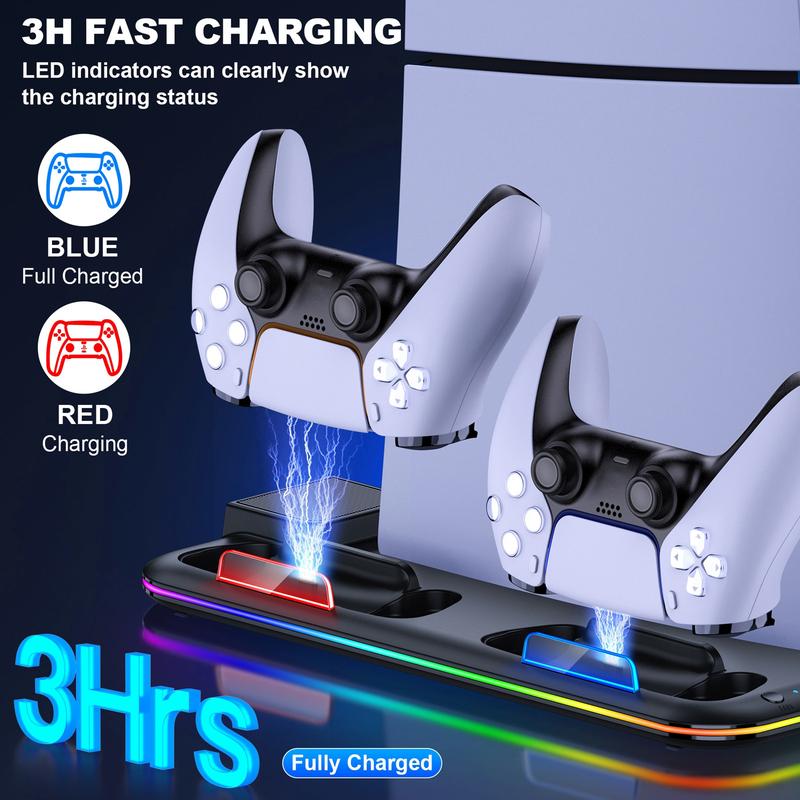 PS5 Slim Stand and Turbo Cooling Station with Controller Charging Station for Playsation 5, PS5 Accessories Kits Incl. 3 Levels Cooling Fan, RGB LED, 15 Game Slot, Headset Holder for PS5 Digital Disc