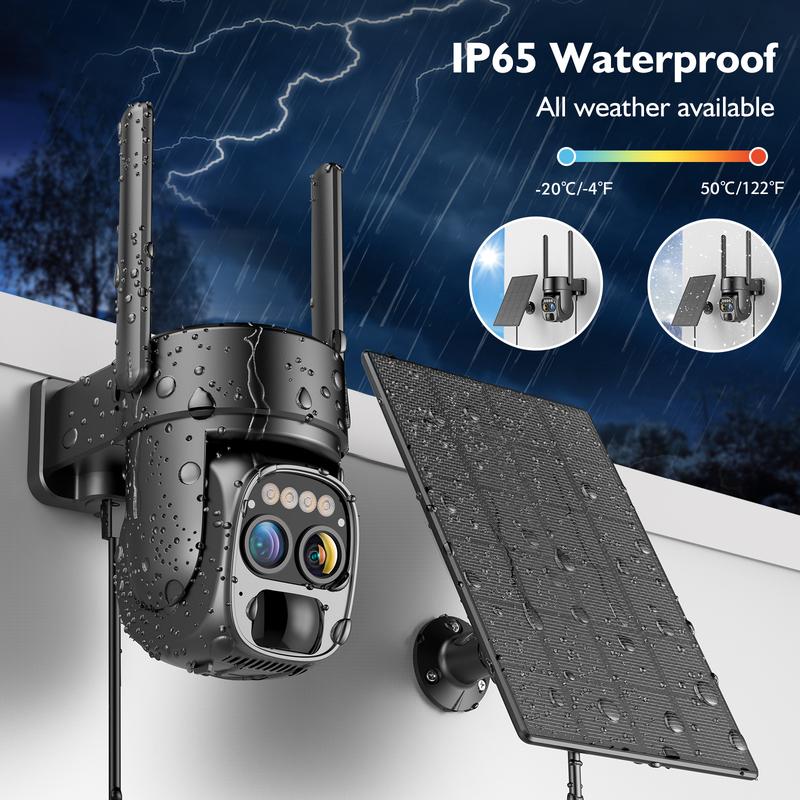 Solar Security Wireless Outdoor Camera, 10x Zoom, 360° Low Power CCTV Solar Panel, 2K Resolution WiFi, Battery Powered Camera with Spotlight Siren, Color Night Vision, Two-Way Audio and IP66 Waterproof Motion Detection