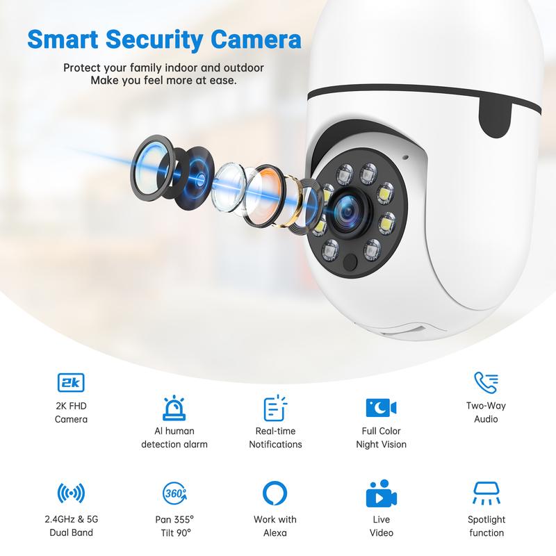 WESECUU Security Cameras For Home,Bulb Security Camera,Wireless 2.4&5Ghz Wifi Indoor Outdoor,Two-Way Speaker,Motion Tracking Alarm,Sound Alarm