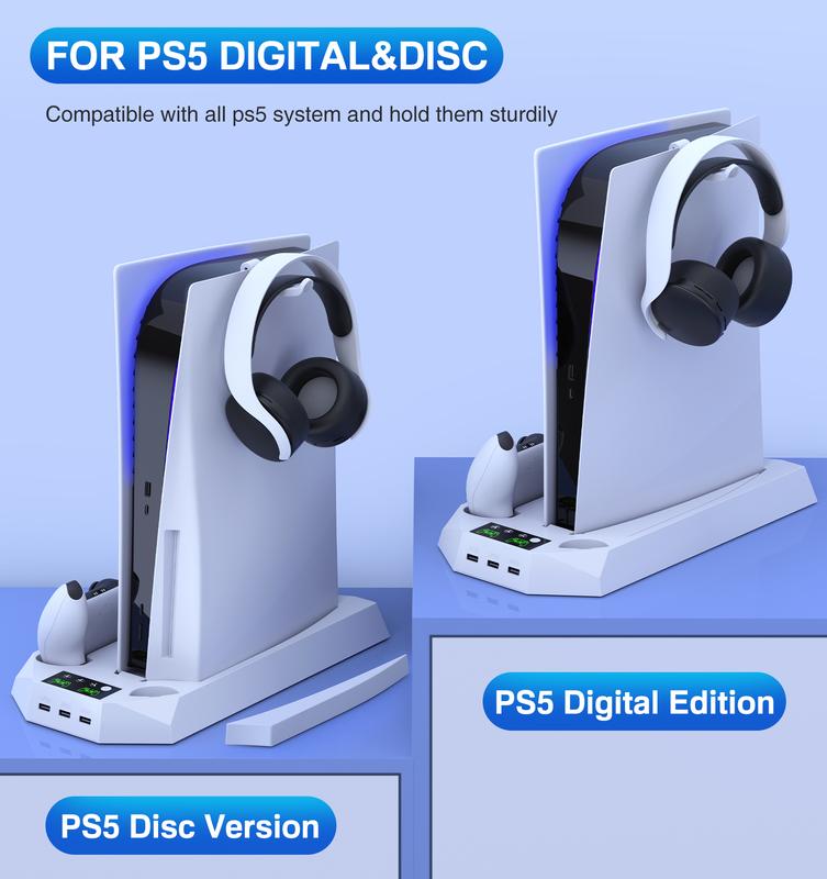 PS5 Stand and Cooling Station with RGB LED Controller Charging Station for PlayStation 5 Console, PS5 Controller Charger, PS5 Accessories with 3 Level Cooling Fan