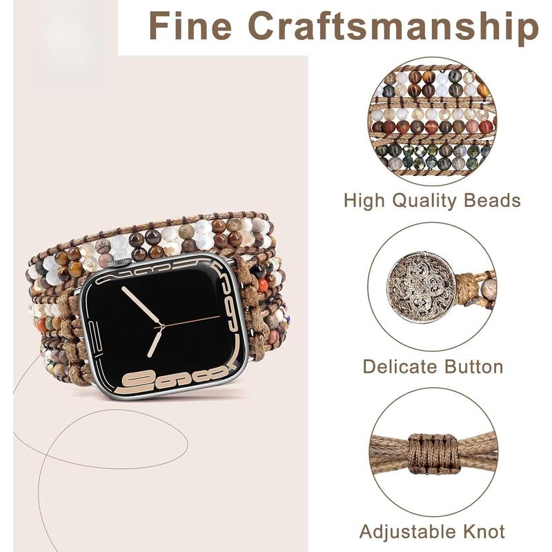 Boho Beaded Watch Bands for Women Compatible with Apple Watch Band 38mm 40mm 41mm Brown Stone Bracelets Adjustable Handmade Braided Rope Watch Strap for iWatch Series 9 8 7 6 5 4 3 2 1 SE Ultra